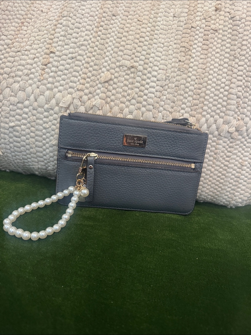 kate spade Slate gray  Pebble Leather Wristlet with Pearl Strap